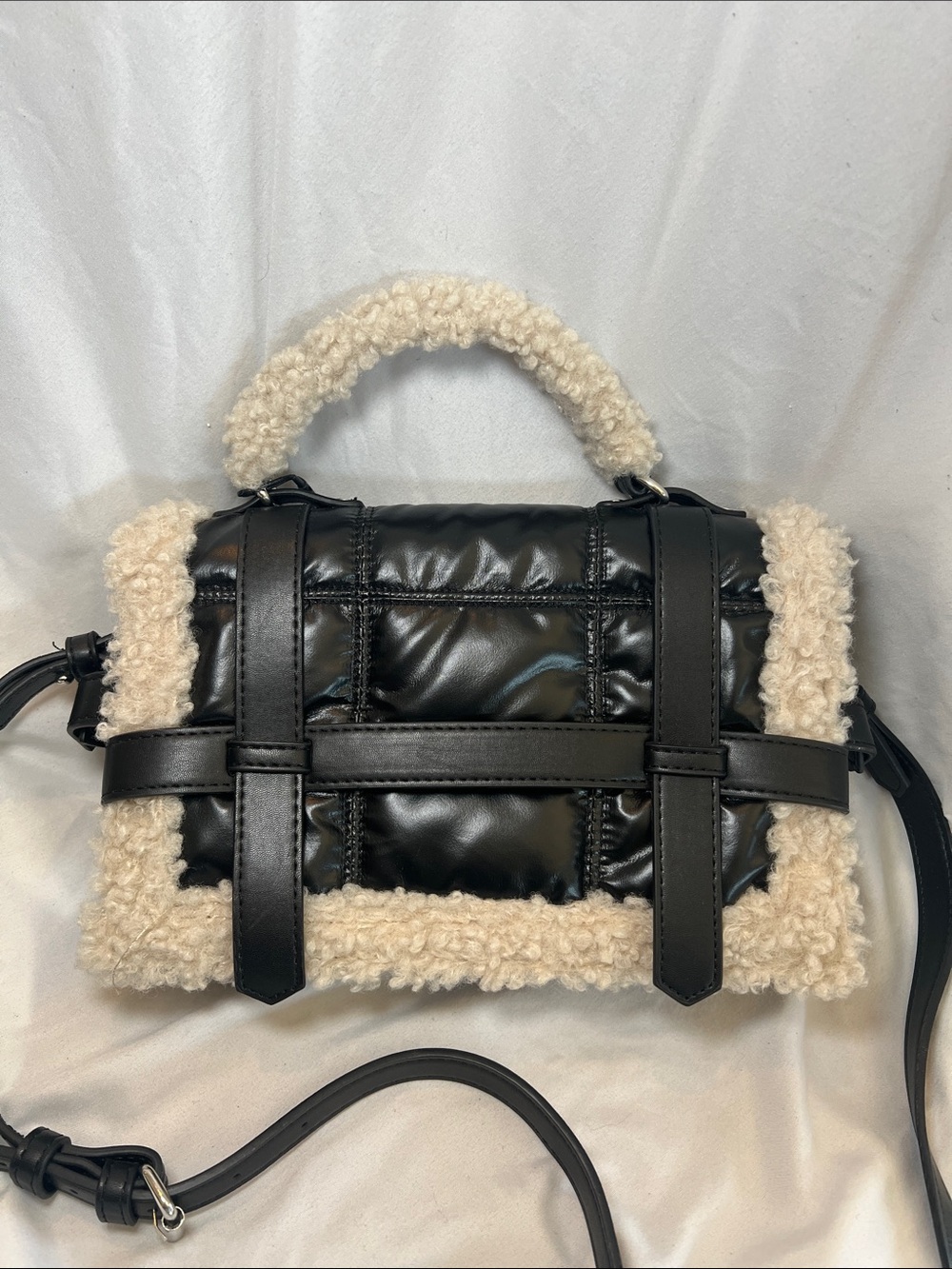 Zara Black Faux Leather Crossbody with Cream Sherpa Trim